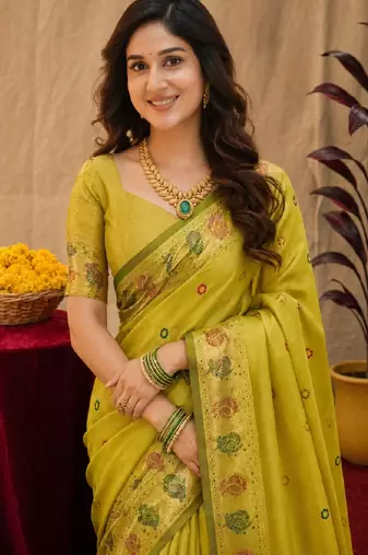 Parrot soft silk blend banarasi jacuard work pethani saree with unstitched blouse piece