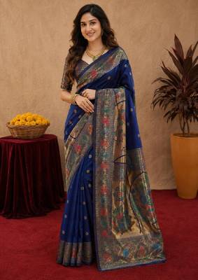 Blue soft silk blend banarasi jacuard work pethani saree with unstitched blouse piece 1