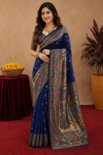 Blue soft silk blend banarasi jacuard work pethani saree with unstitched blouse piece