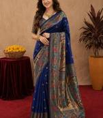 Blue soft silk blend banarasi jacuard work pethani saree with unstitched blouse piece