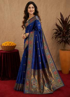 Blue soft silk blend banarasi jacuard work pethani saree with unstitched blouse piece 2