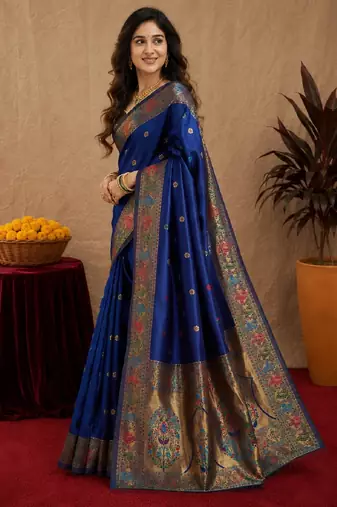 Blue soft silk blend banarasi jacuard work pethani saree with unstitched blouse piece