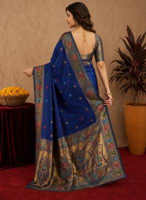 Blue soft silk blend banarasi jacuard work pethani saree with unstitched blouse piece 3