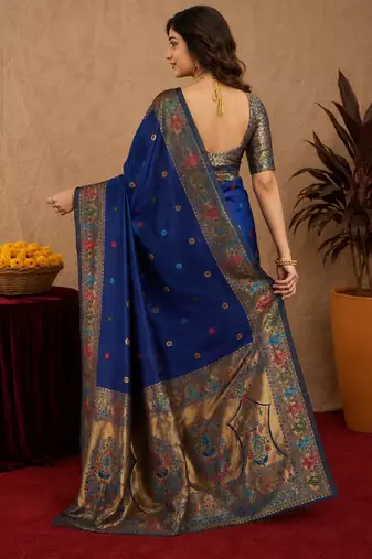 Blue soft silk blend banarasi jacuard work pethani saree with unstitched blouse piece