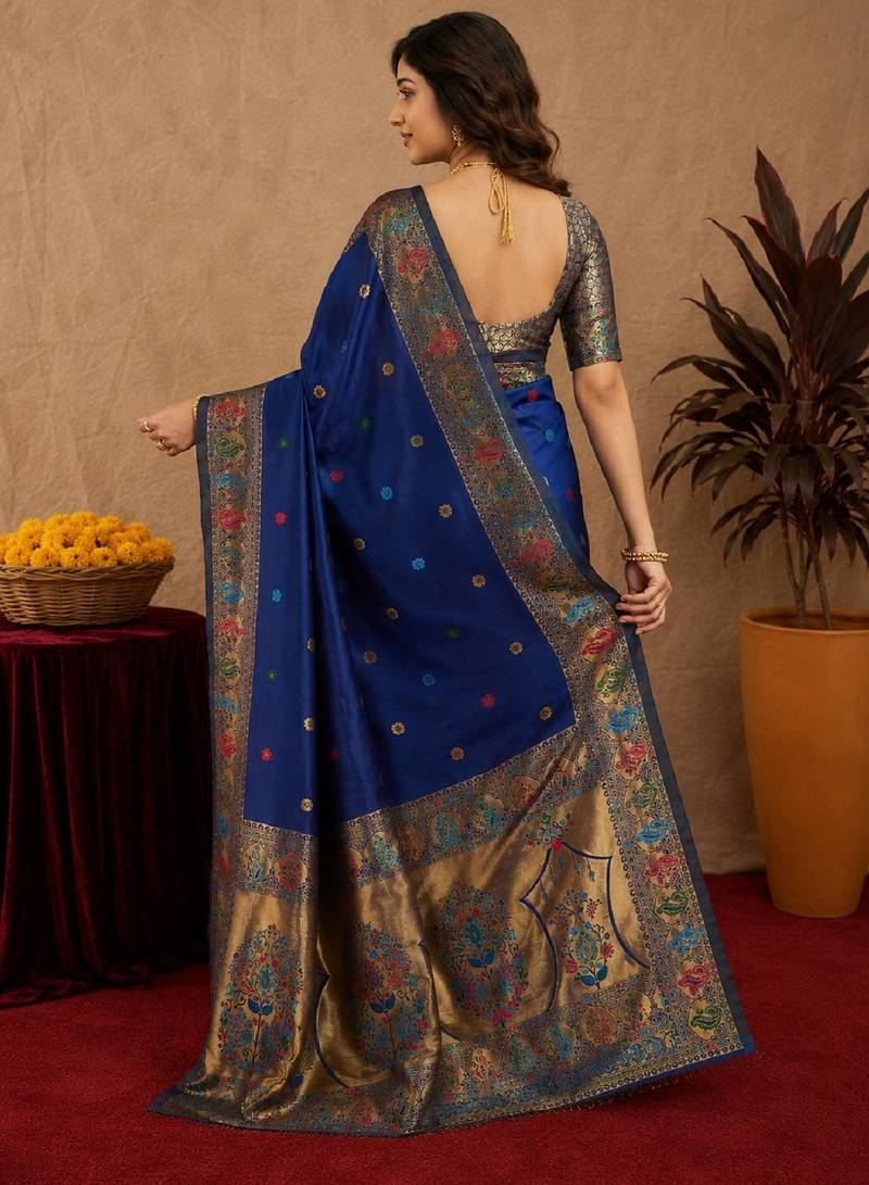 Blue soft silk blend banarasi jacuard work pethani saree with unstitched blouse piece