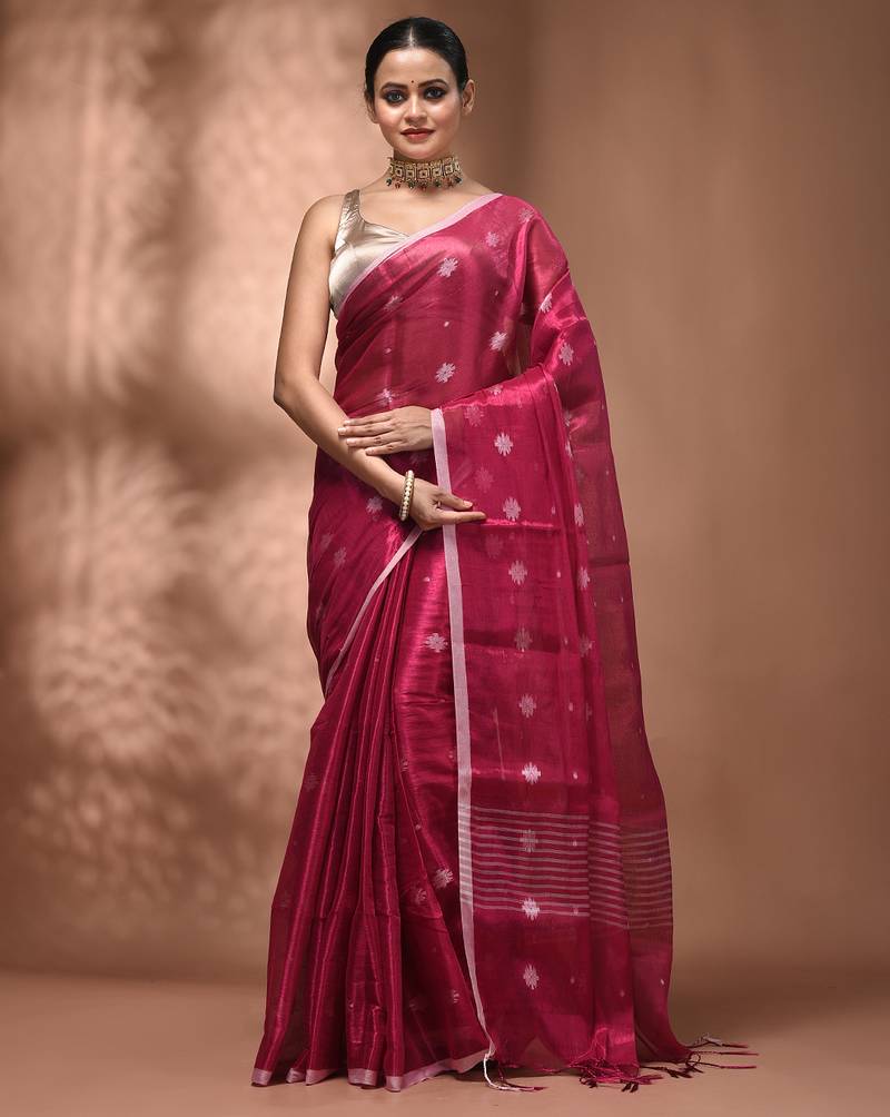 Pink texture motifs tissue saree with stripes pallu