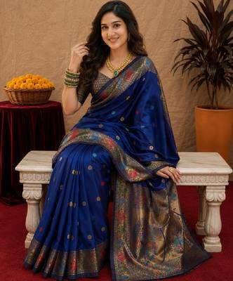 Blue soft silk blend banarasi jacuard work pethani saree with unstitched blouse piece 4