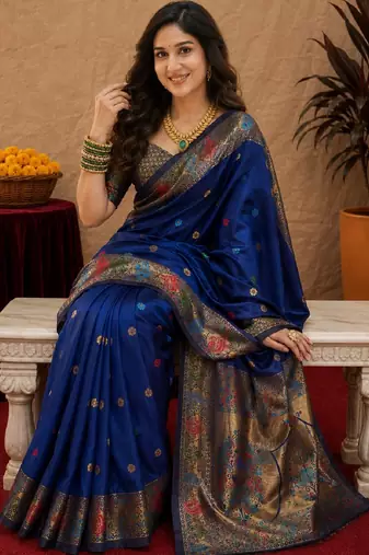 Blue soft silk blend banarasi jacuard work pethani saree with unstitched blouse piece