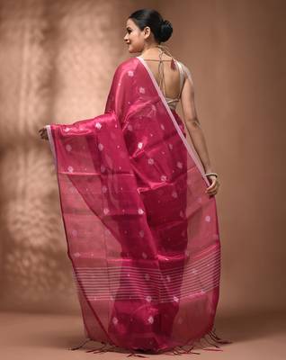 Pink texture motifs tissue saree with stripes pallu 2