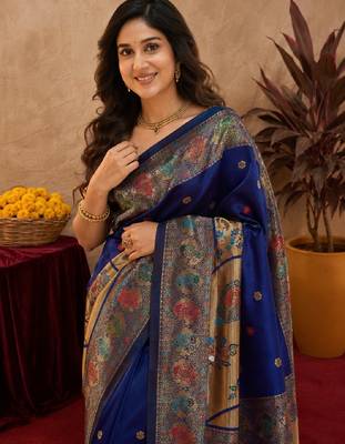 Blue soft silk blend banarasi jacuard work pethani saree with unstitched blouse piece 5