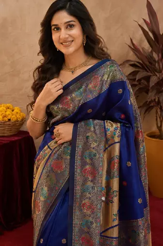 Blue soft silk blend banarasi jacuard work pethani saree with unstitched blouse piece