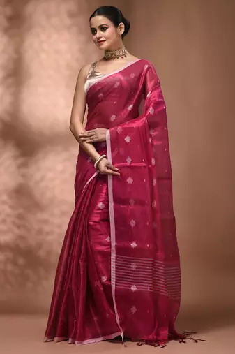 Pink texture motifs tissue saree with stripes pallu