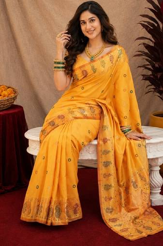 Yellow soft silk blend banarasi jacuard work pethani saree with unstitched blouse piece