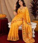 Yellow soft silk blend banarasi jacuard work pethani saree with unstitched blouse piece
