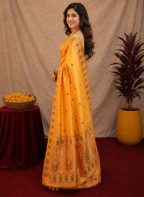 Yellow soft silk blend banarasi jacuard work pethani saree with unstitched blouse piece 2