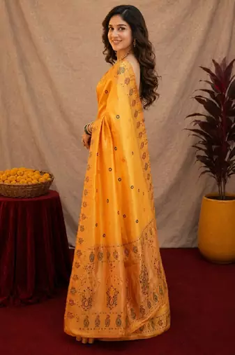 Yellow soft silk blend banarasi jacuard work pethani saree with unstitched blouse piece