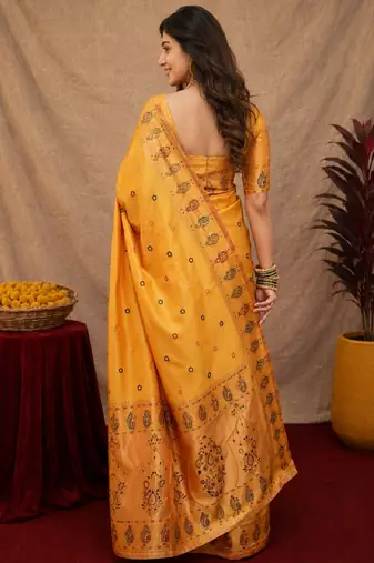 Yellow soft silk blend banarasi jacuard work pethani saree with unstitched blouse piece