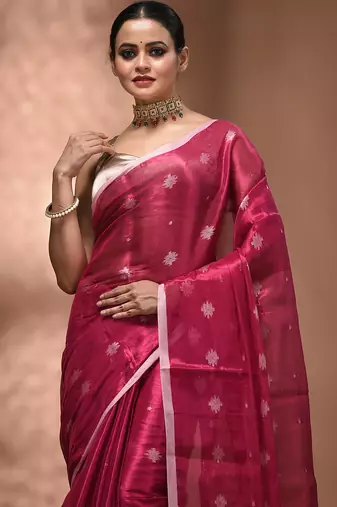 Pink texture motifs tissue saree with stripes pallu