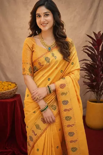 Yellow soft silk blend banarasi jacuard work pethani saree with unstitched blouse piece