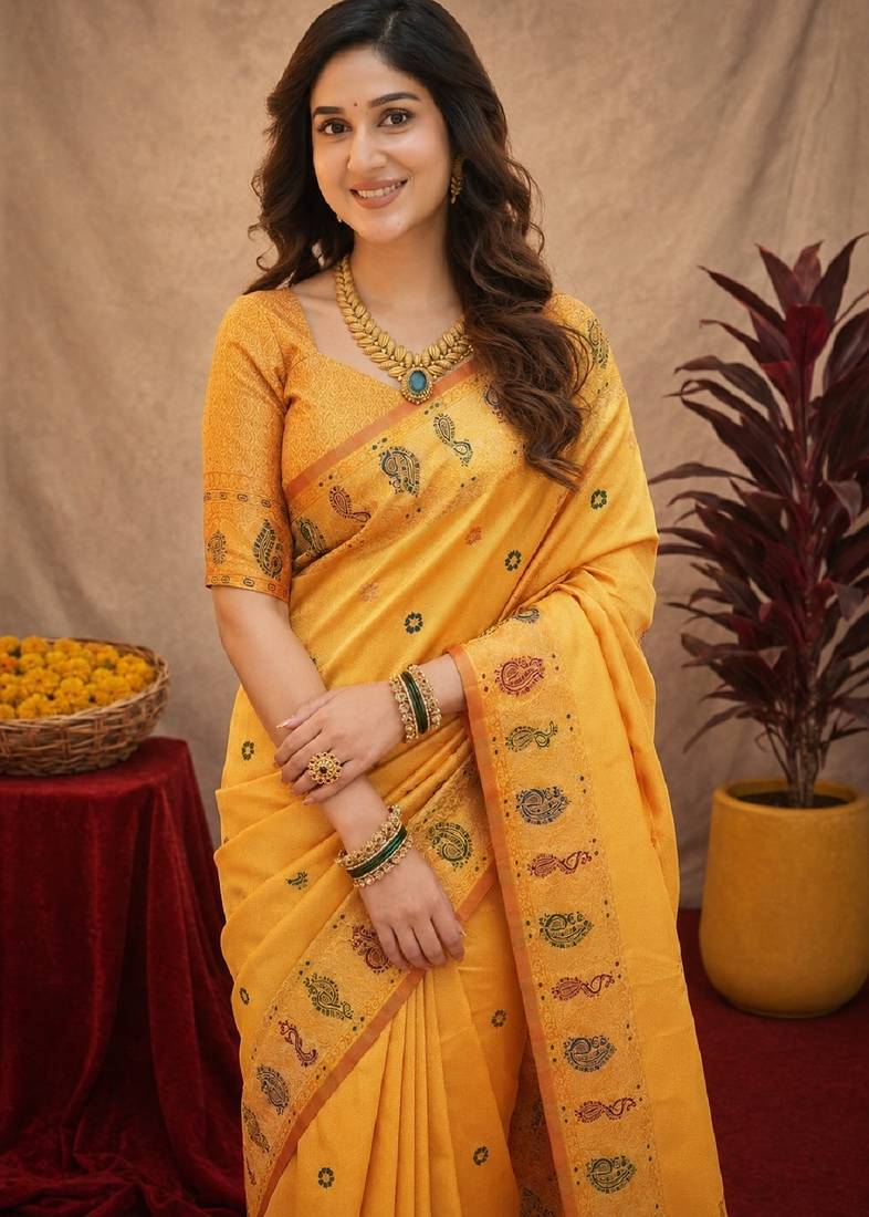 Yellow soft silk blend banarasi jacuard work pethani saree with unstitched blouse piece