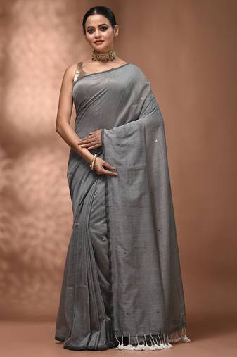 Elegant grey cotton saree with sequin embellishments and pom pom