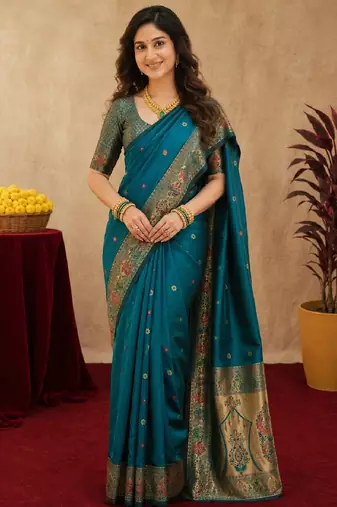 Teal blue soft silk blend banarasi jacuard work pethani saree with unstitched blouse piece