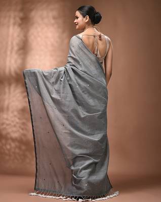 Elegant grey cotton saree with sequin embellishments and pom pom 2