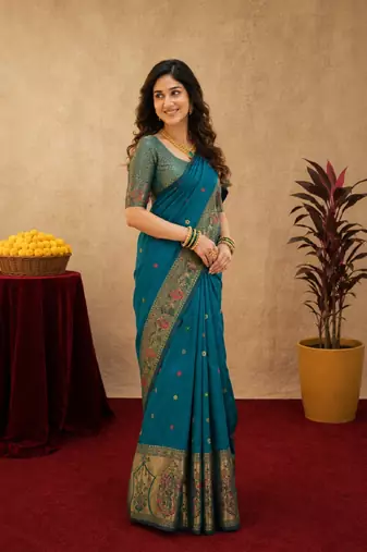 Teal blue soft silk blend banarasi jacuard work pethani saree with unstitched blouse piece