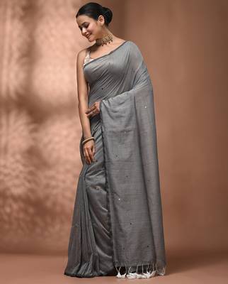 Elegant grey cotton saree with sequin embellishments and pom pom 3