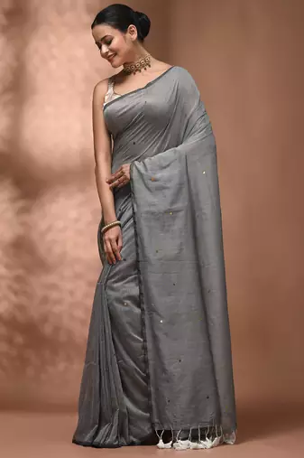Elegant grey cotton saree with sequin embellishments and pom pom