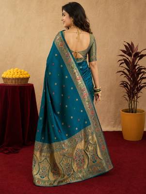 Teal blue soft silk blend banarasi jacuard work pethani saree with unstitched blouse piece 3
