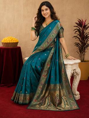Teal blue soft silk blend banarasi jacuard work pethani saree with unstitched blouse piece 4