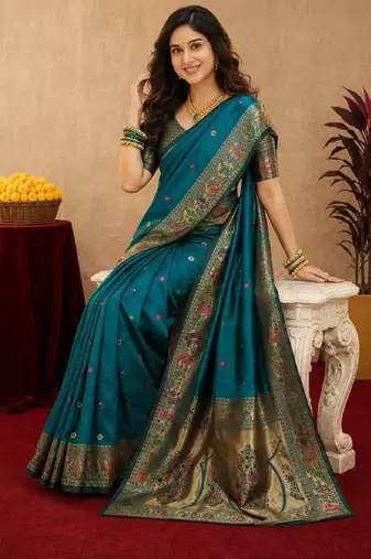 Teal blue soft silk blend banarasi jacuard work pethani saree with unstitched blouse piece