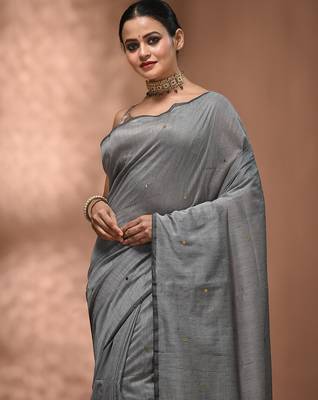 Elegant grey cotton saree with sequin embellishments and pom pom 5