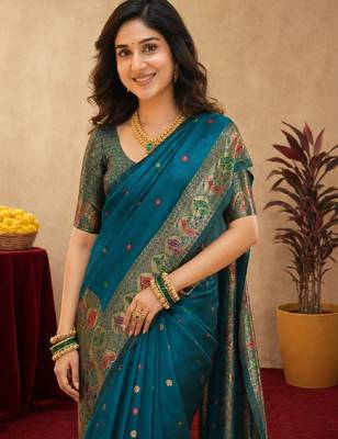 Teal blue soft silk blend banarasi jacuard work pethani saree with unstitched blouse piece 5