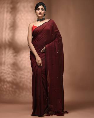 Elegant maroon cotton saree with sequin embellishments and pom pom 1