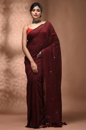 Elegant maroon cotton saree with sequin embellishments and pom pom