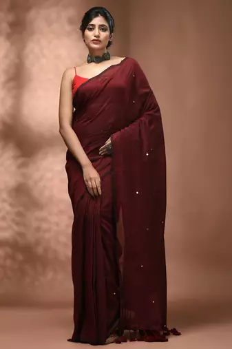 Elegant maroon cotton saree with sequin embellishments and pom pom