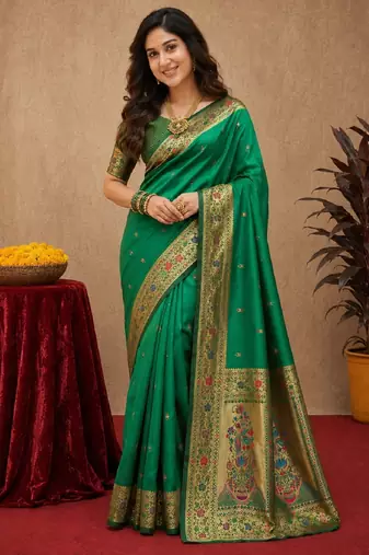 Green soft silk blend banarasi jacuard work pethani saree with unstitched blouse piece