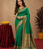 Green soft silk blend banarasi jacuard work pethani saree with unstitched blouse piece