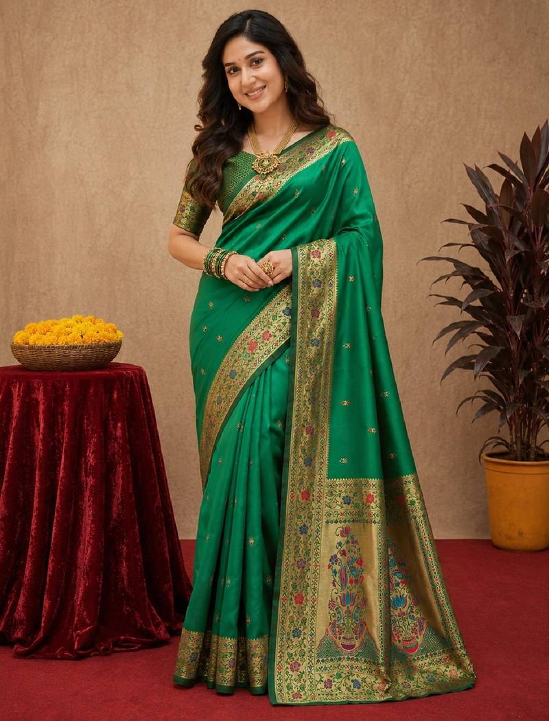 Green soft silk blend banarasi jacuard work pethani saree with unstitched blouse piece