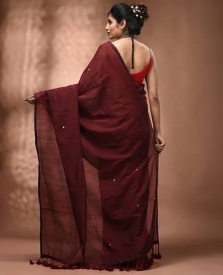 Elegant maroon cotton saree with sequin embellishments and pom pom 2