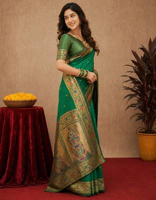 Green soft silk blend banarasi jacuard work pethani saree with unstitched blouse piece 2