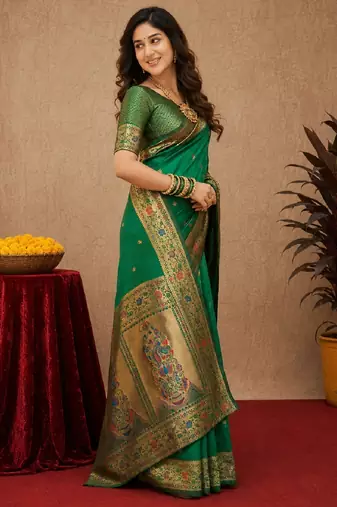 Green soft silk blend banarasi jacuard work pethani saree with unstitched blouse piece