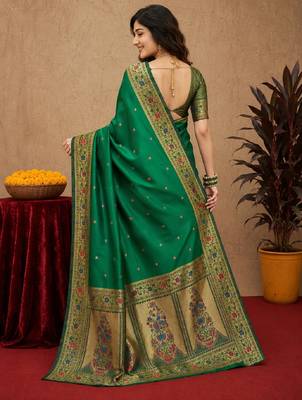 Green soft silk blend banarasi jacuard work pethani saree with unstitched blouse piece 3