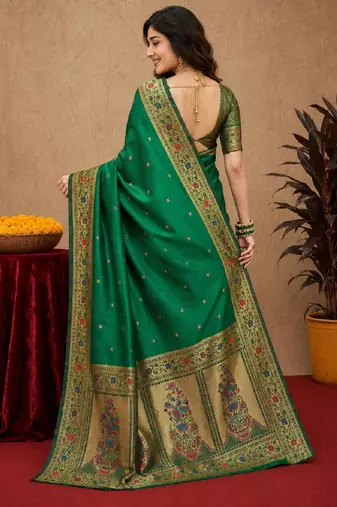 Green soft silk blend banarasi jacuard work pethani saree with unstitched blouse piece