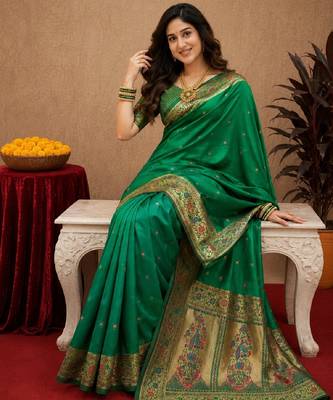 Green soft silk blend banarasi jacuard work pethani saree with unstitched blouse piece 4