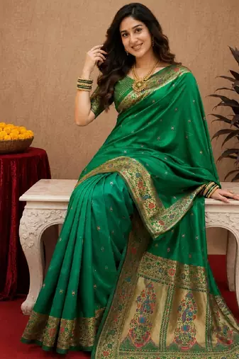 Green soft silk blend banarasi jacuard work pethani saree with unstitched blouse piece