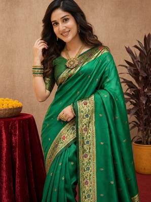 Green soft silk blend banarasi jacuard work pethani saree with unstitched blouse piece 5
