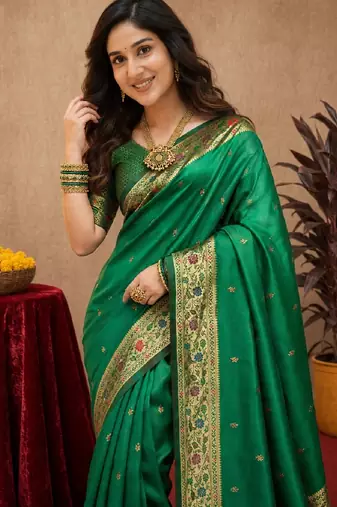 Green soft silk blend banarasi jacuard work pethani saree with unstitched blouse piece